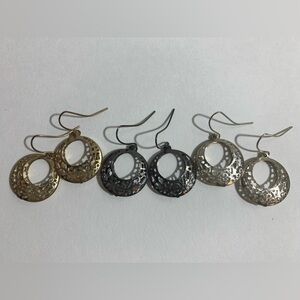 Set of 3 pairs of gold, silver, and black small circular hook earrings